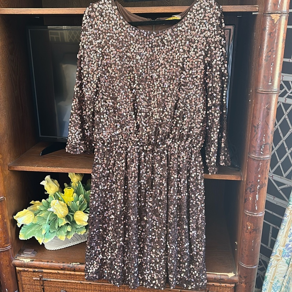 Alice & Olivia Brown With Bronze Sequin Fit & Flare Dress, L